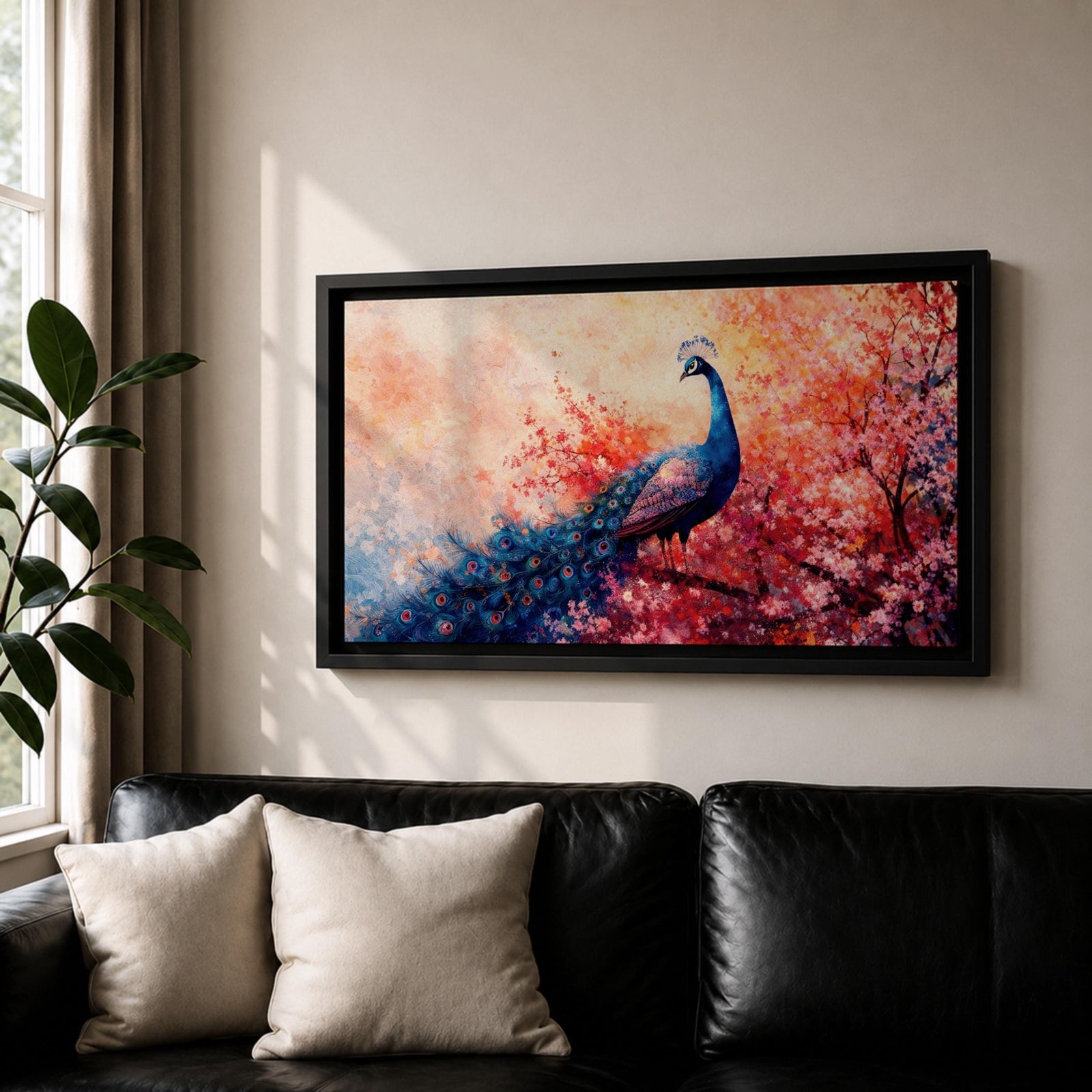 A panoramic painting of a majestic peacock standing gracefully amid a cascade of pink blossoms, its long iridescent tail feathers flowing across the composition with intricate eye patterns, rendered in a soft impressionistic style that blends vivid detail with dreamy, layered brushwork and a gentle atmospheric background.