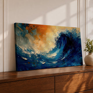 A panoramic abstract painting of a powerful ocean wave curling upward in deep blue tones, with expressive sweeping brushstrokes capturing motion and energy, contrasted by warm golden light in the sky above, creating a dynamic composition with fluid movement, texture, and dramatic contrast.
