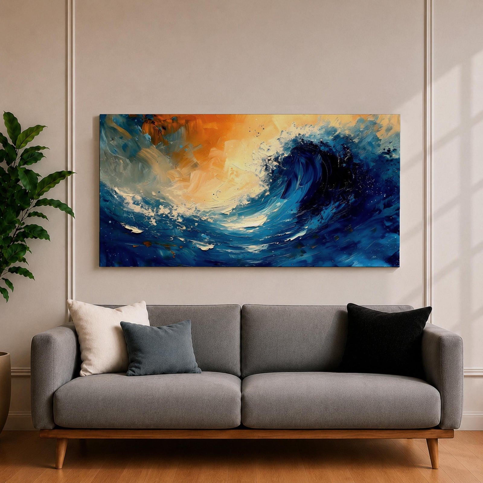 A panoramic abstract painting of a powerful ocean wave curling upward in deep blue tones, with expressive sweeping brushstrokes capturing motion and energy, contrasted by warm golden light in the sky above, creating a dynamic composition with fluid movement, texture, and dramatic contrast.