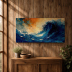 A panoramic abstract painting of a powerful ocean wave curling upward in deep blue tones, with expressive sweeping brushstrokes capturing motion and energy, contrasted by warm golden light in the sky above, creating a dynamic composition with fluid movement, texture, and dramatic contrast.