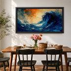 A panoramic abstract painting of a powerful ocean wave curling upward in deep blue tones, with expressive sweeping brushstrokes capturing motion and energy, contrasted by warm golden light in the sky above, creating a dynamic composition with fluid movement, texture, and dramatic contrast.