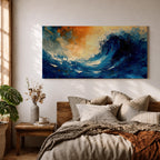 A panoramic abstract painting of a powerful ocean wave curling upward in deep blue tones, with expressive sweeping brushstrokes capturing motion and energy, contrasted by warm golden light in the sky above, creating a dynamic composition with fluid movement, texture, and dramatic contrast.