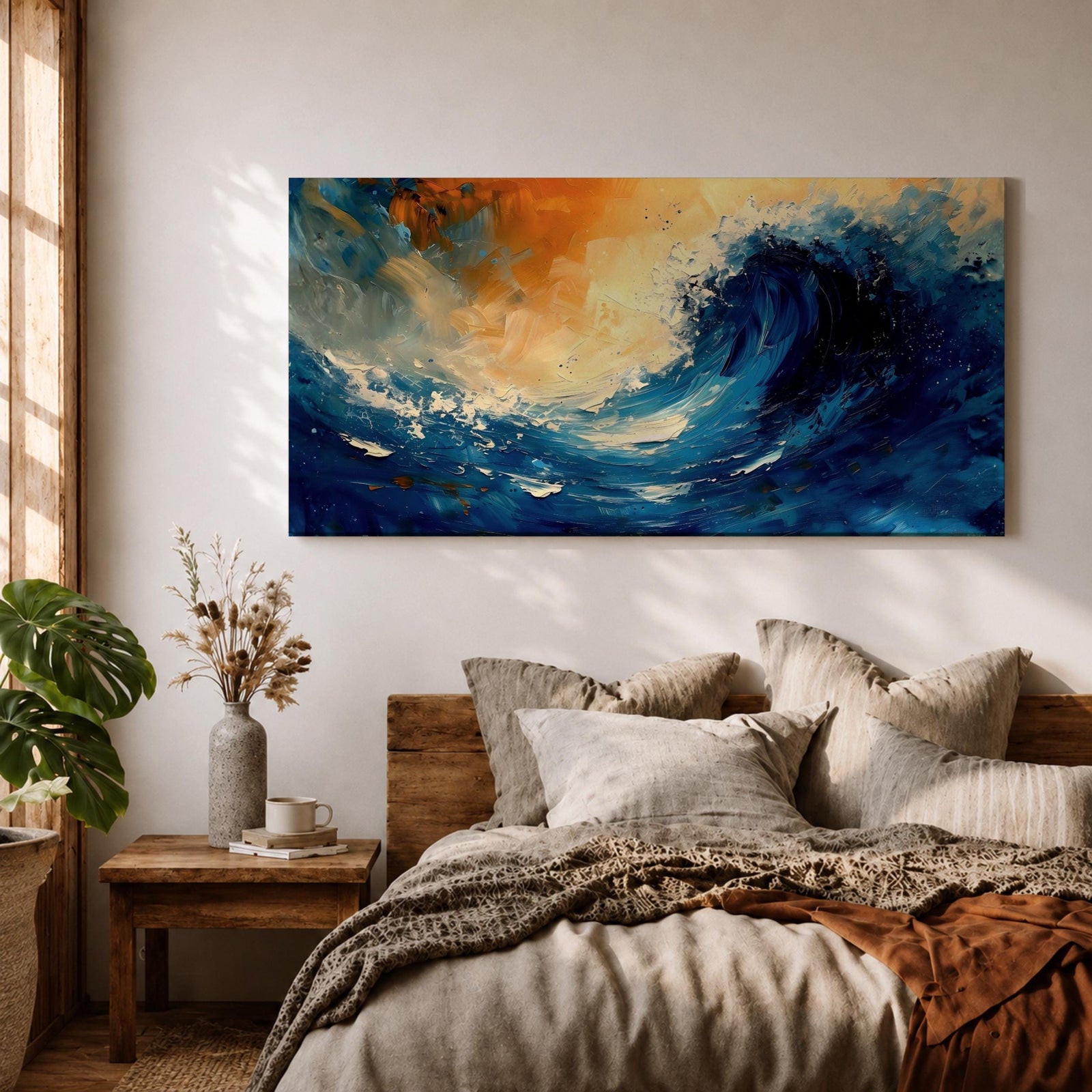 A panoramic abstract painting of a powerful ocean wave curling upward in deep blue tones, with expressive sweeping brushstrokes capturing motion and energy, contrasted by warm golden light in the sky above, creating a dynamic composition with fluid movement, texture, and dramatic contrast.