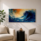 A panoramic abstract painting of a powerful ocean wave curling upward in deep blue tones, with expressive sweeping brushstrokes capturing motion and energy, contrasted by warm golden light in the sky above, creating a dynamic composition with fluid movement, texture, and dramatic contrast.