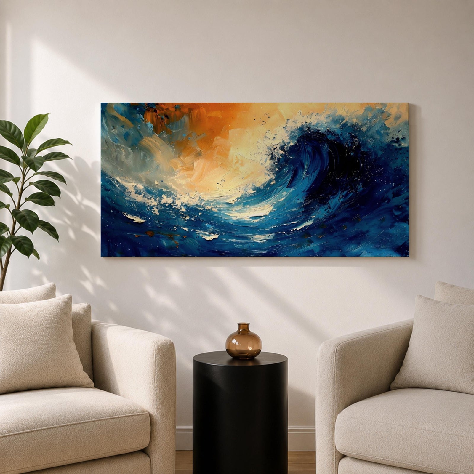A panoramic abstract painting of a powerful ocean wave curling upward in deep blue tones, with expressive sweeping brushstrokes capturing motion and energy, contrasted by warm golden light in the sky above, creating a dynamic composition with fluid movement, texture, and dramatic contrast.