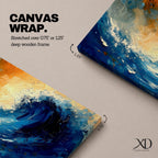 A panoramic abstract painting of a powerful ocean wave curling upward in deep blue tones, with expressive sweeping brushstrokes capturing motion and energy, contrasted by warm golden light in the sky above, creating a dynamic composition with fluid movement, texture, and dramatic contrast.
