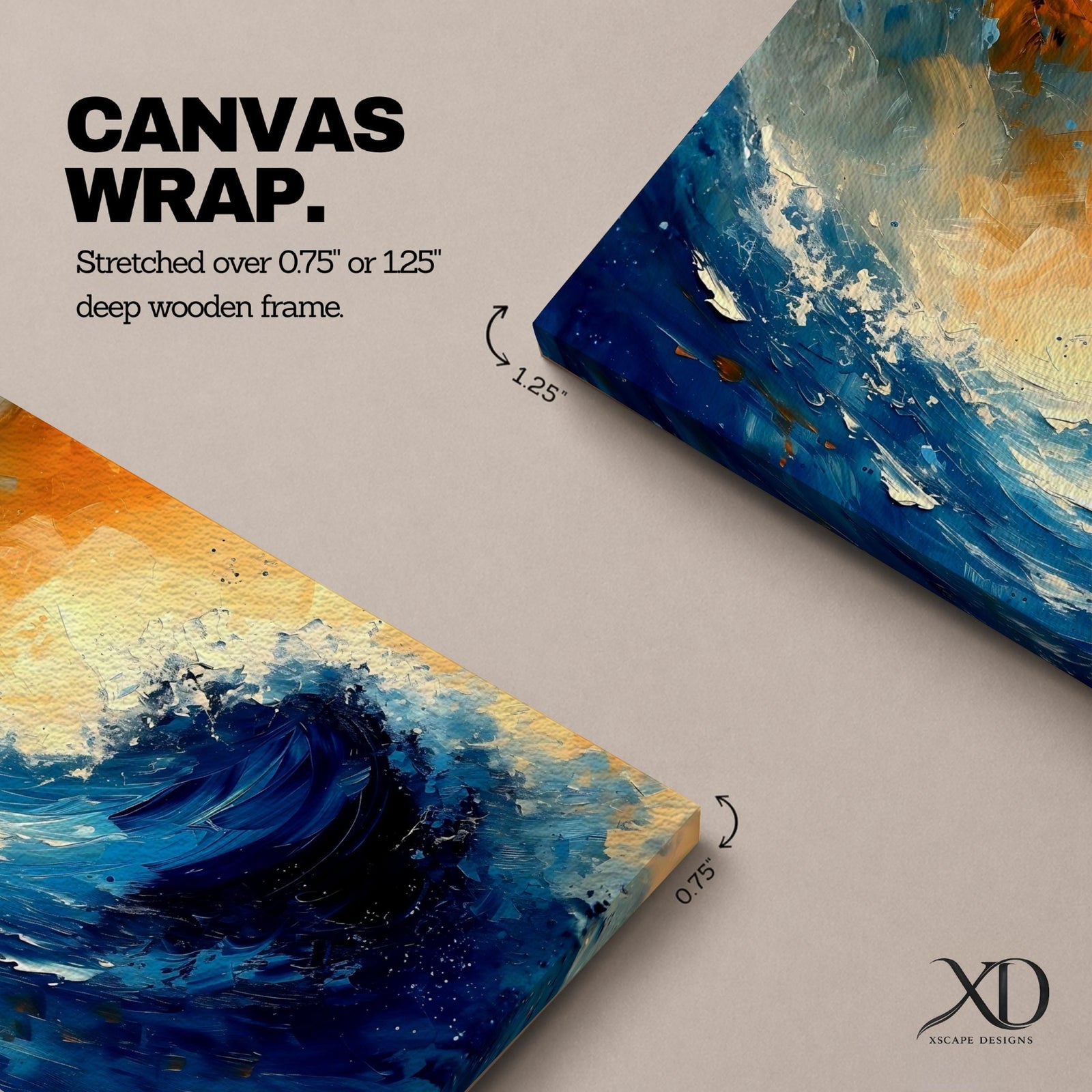A panoramic abstract painting of a powerful ocean wave curling upward in deep blue tones, with expressive sweeping brushstrokes capturing motion and energy, contrasted by warm golden light in the sky above, creating a dynamic composition with fluid movement, texture, and dramatic contrast.