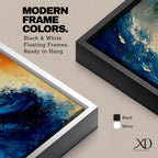 A panoramic abstract painting of a powerful ocean wave curling upward in deep blue tones, with expressive sweeping brushstrokes capturing motion and energy, contrasted by warm golden light in the sky above, creating a dynamic composition with fluid movement, texture, and dramatic contrast.
