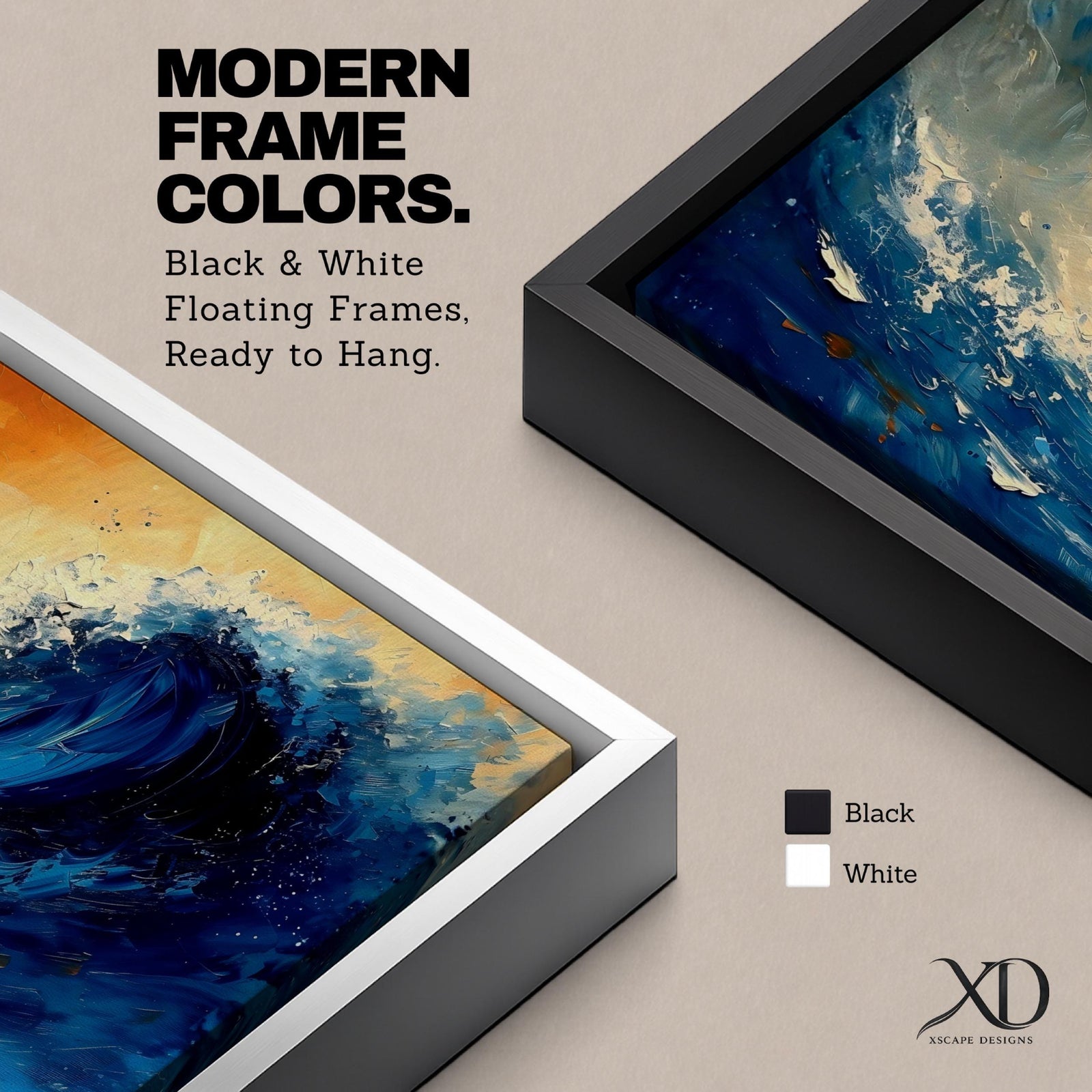 A panoramic abstract painting of a powerful ocean wave curling upward in deep blue tones, with expressive sweeping brushstrokes capturing motion and energy, contrasted by warm golden light in the sky above, creating a dynamic composition with fluid movement, texture, and dramatic contrast.