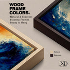 A panoramic abstract painting of a powerful ocean wave curling upward in deep blue tones, with expressive sweeping brushstrokes capturing motion and energy, contrasted by warm golden light in the sky above, creating a dynamic composition with fluid movement, texture, and dramatic contrast.