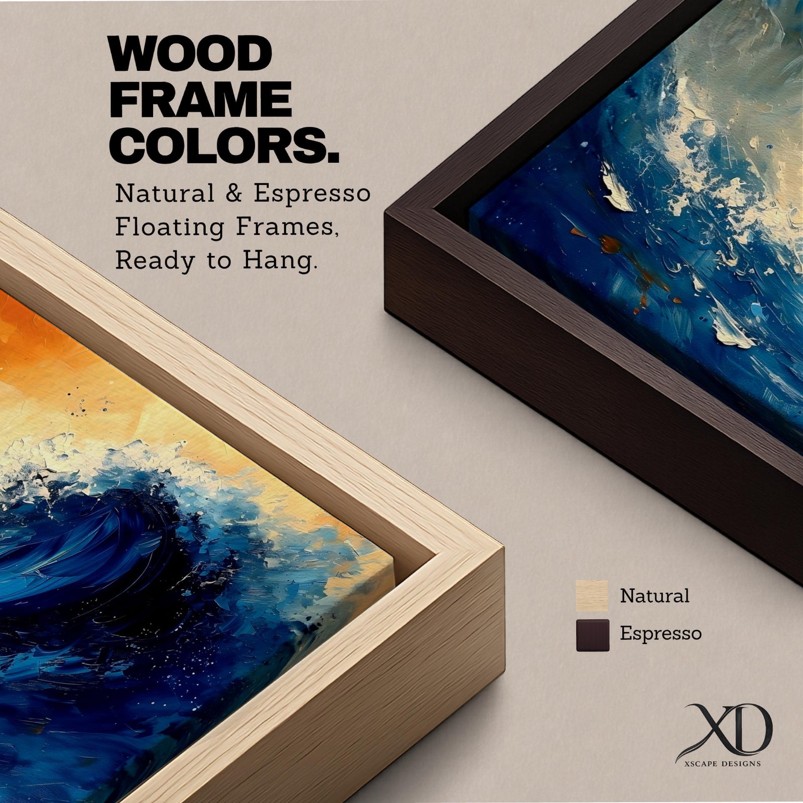 A panoramic abstract painting of a powerful ocean wave curling upward in deep blue tones, with expressive sweeping brushstrokes capturing motion and energy, contrasted by warm golden light in the sky above, creating a dynamic composition with fluid movement, texture, and dramatic contrast.
