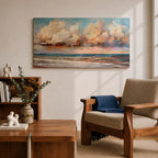 A panoramic impressionist seascape painting of ocean waves rolling onto shore beneath a vast sky filled with large dramatic clouds in soft peach, cream, and blue tones, with textured brushstrokes capturing light reflecting across the water and horizon, creating a serene yet dynamic coastal atmosphere.