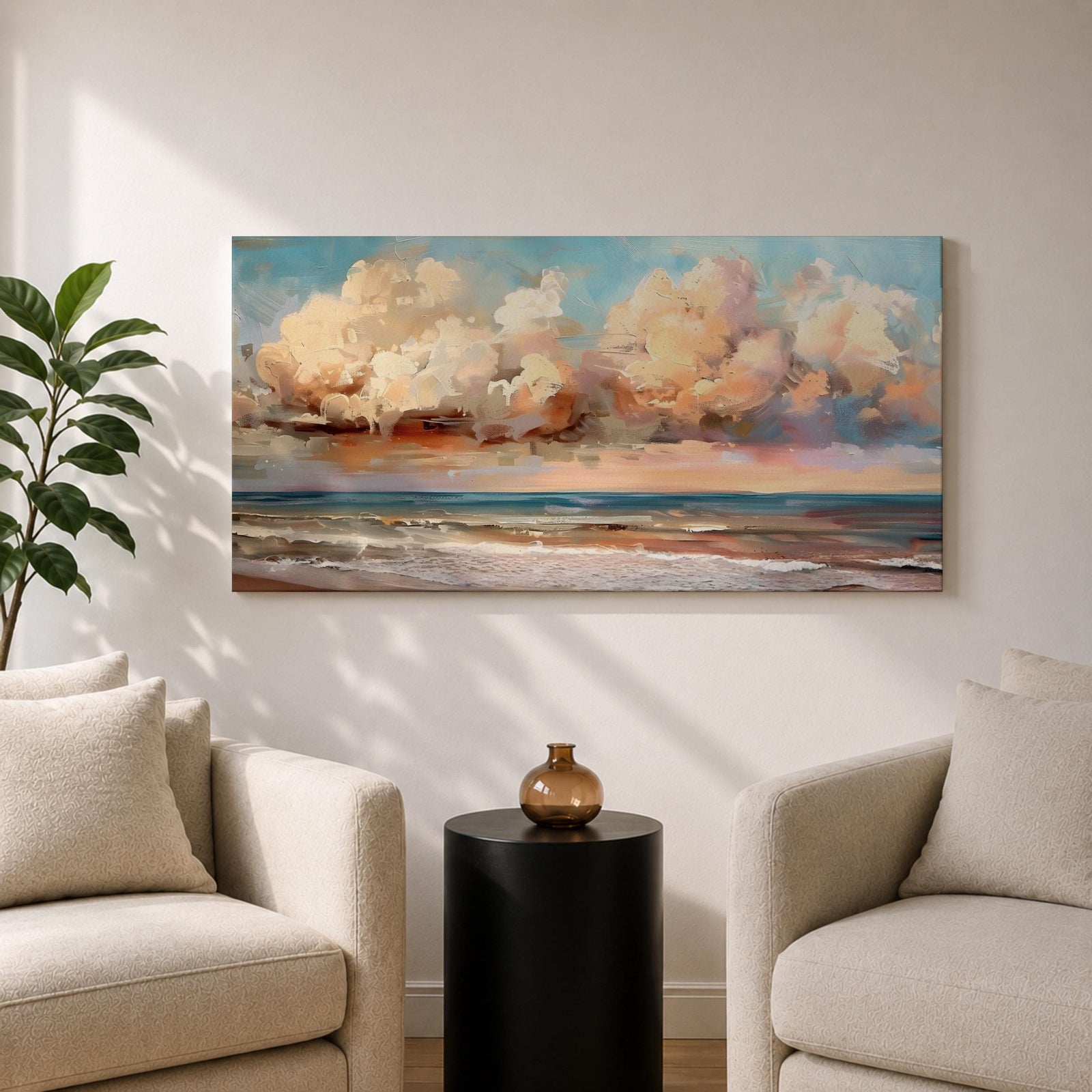 A panoramic impressionist seascape painting of ocean waves rolling onto shore beneath a vast sky filled with large dramatic clouds in soft peach, cream, and blue tones, with textured brushstrokes capturing light reflecting across the water and horizon, creating a serene yet dynamic coastal atmosphere.
