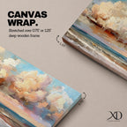 A panoramic impressionist seascape painting of ocean waves rolling onto shore beneath a vast sky filled with large dramatic clouds in soft peach, cream, and blue tones, with textured brushstrokes capturing light reflecting across the water and horizon, creating a serene yet dynamic coastal atmosphere.