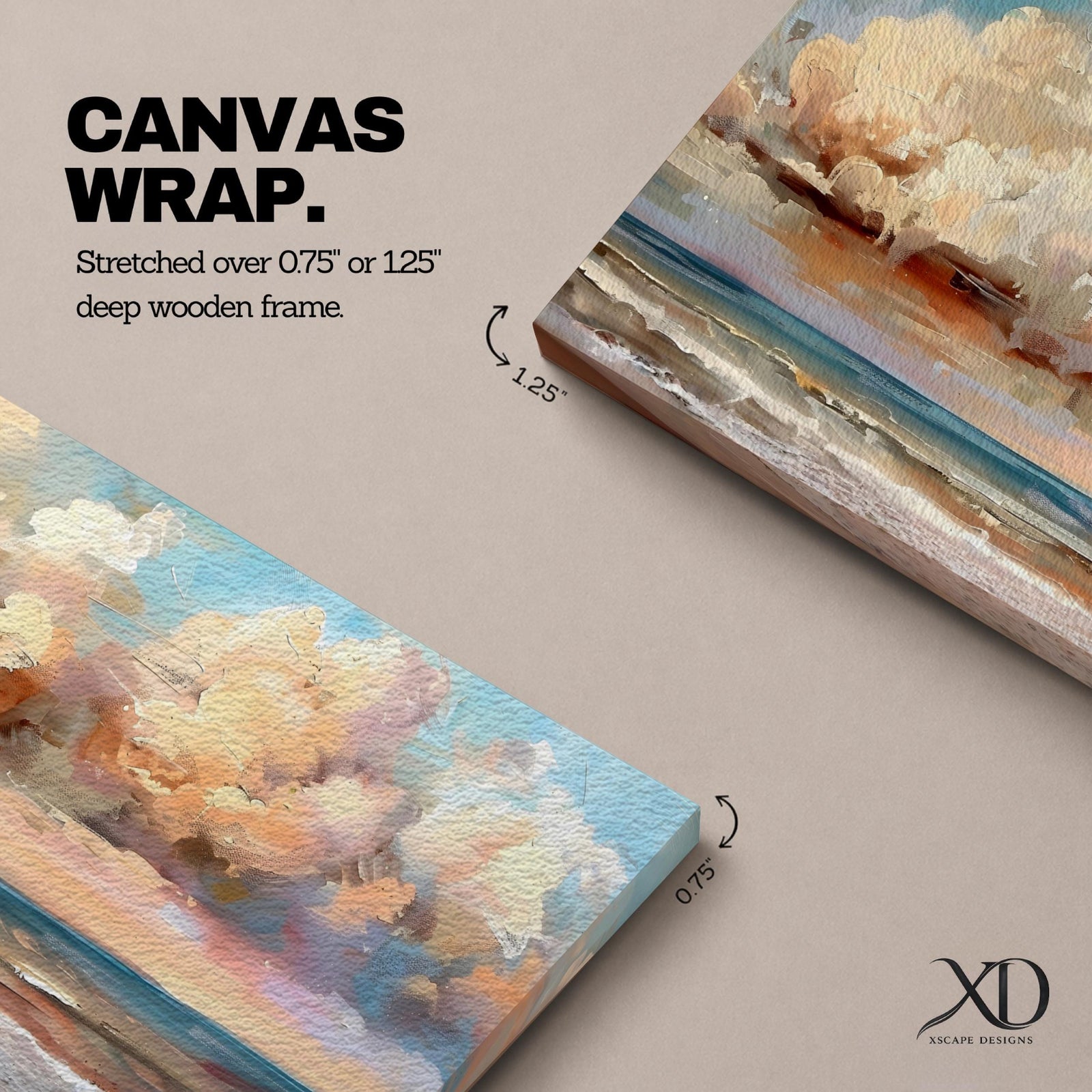 A panoramic impressionist seascape painting of ocean waves rolling onto shore beneath a vast sky filled with large dramatic clouds in soft peach, cream, and blue tones, with textured brushstrokes capturing light reflecting across the water and horizon, creating a serene yet dynamic coastal atmosphere.