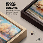 A panoramic impressionist seascape painting of ocean waves rolling onto shore beneath a vast sky filled with large dramatic clouds in soft peach, cream, and blue tones, with textured brushstrokes capturing light reflecting across the water and horizon, creating a serene yet dynamic coastal atmosphere.