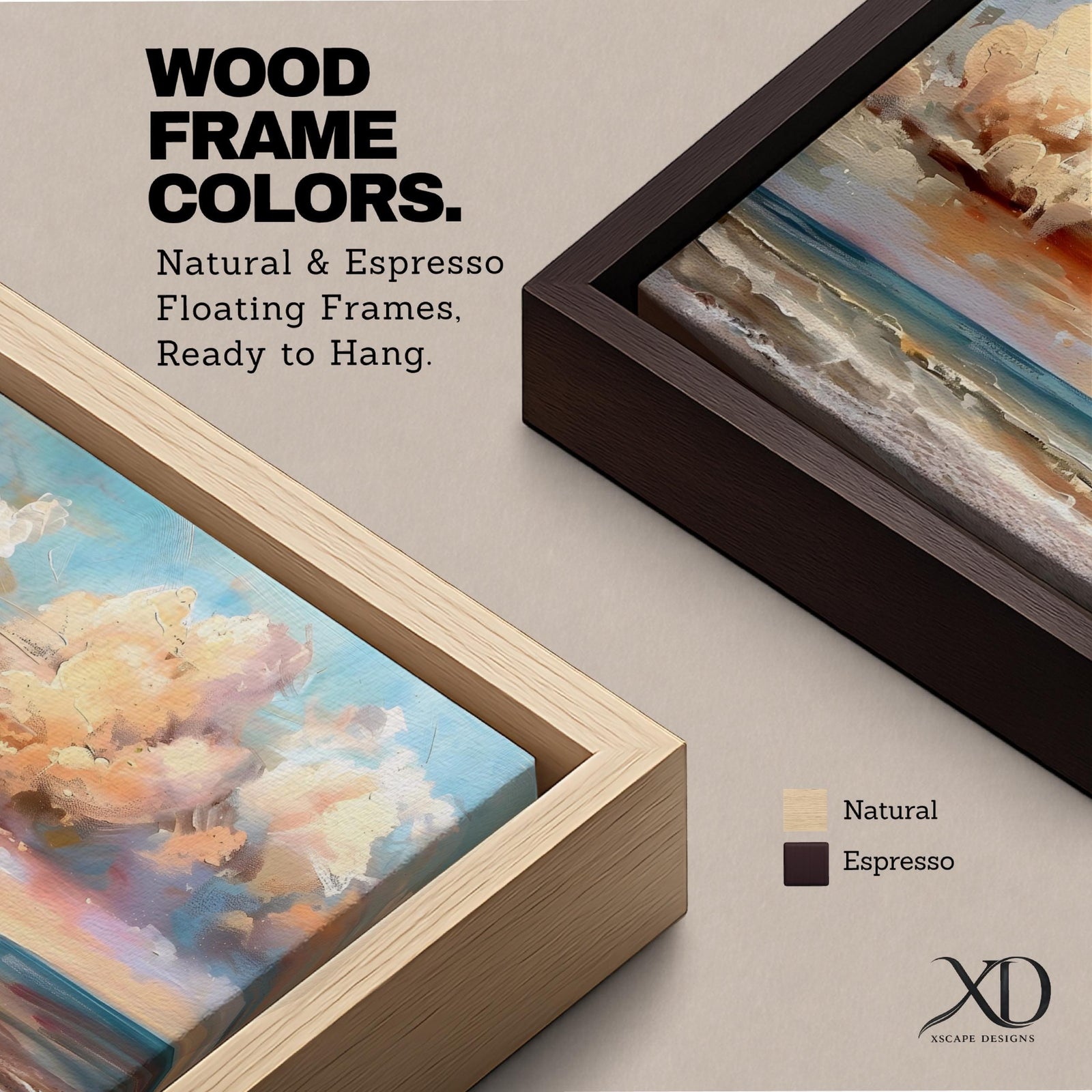A panoramic impressionist seascape painting of ocean waves rolling onto shore beneath a vast sky filled with large dramatic clouds in soft peach, cream, and blue tones, with textured brushstrokes capturing light reflecting across the water and horizon, creating a serene yet dynamic coastal atmosphere.
