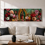 A long narrow panoramic painting shows Virgen de Guadalupe centered in prayer within a radiant halo, surrounded by richly detailed blooming flowers, with textured abstract layers and deep earthy tones blending with vibrant florals to create depth, contrast, and a luminous devotional focal point in an expressive style.