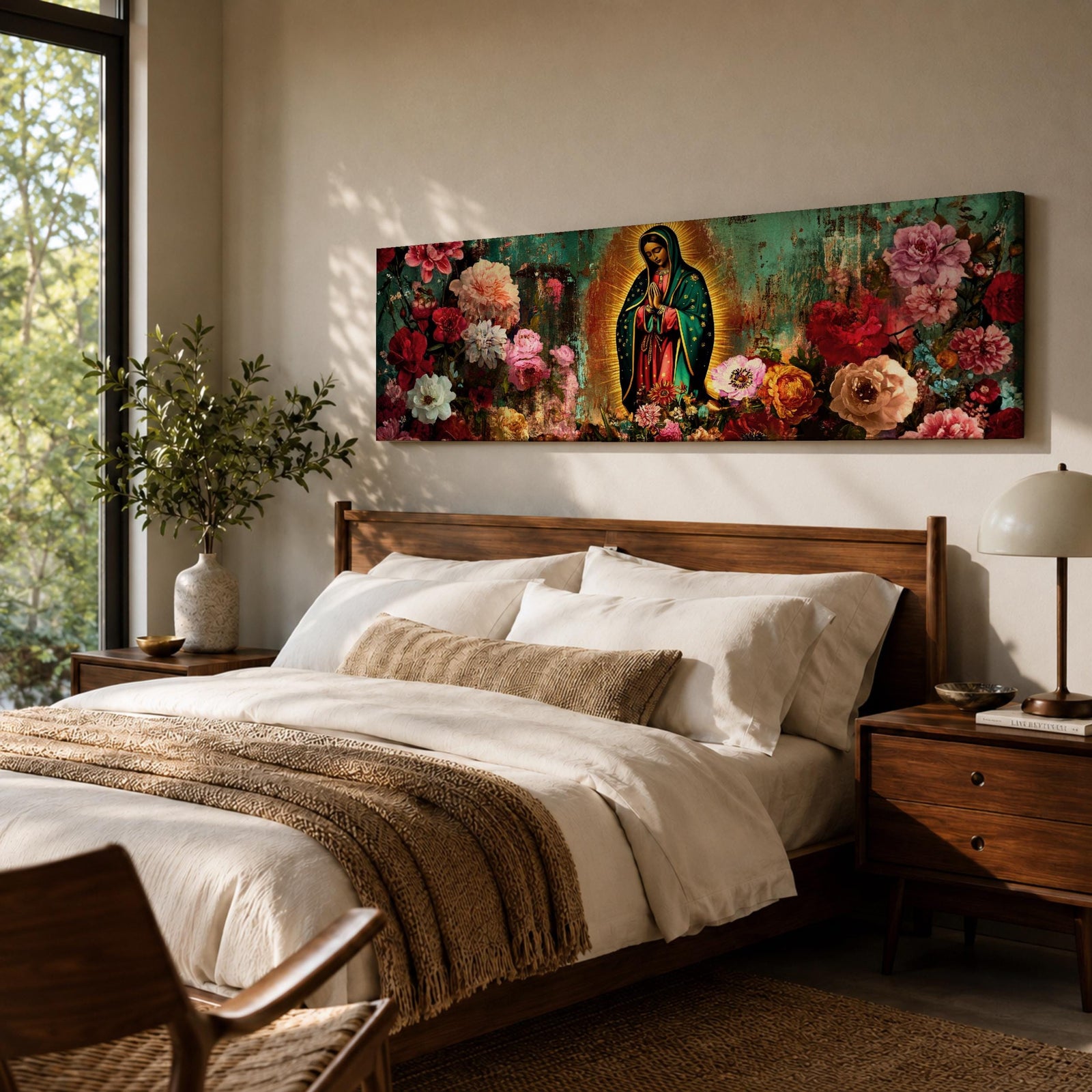 A long narrow panoramic painting shows Virgen de Guadalupe centered in prayer within a radiant halo, surrounded by richly detailed blooming flowers, with textured abstract layers and deep earthy tones blending with vibrant florals to create depth, contrast, and a luminous devotional focal point in an expressive style.