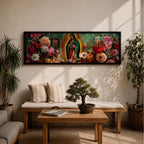 A long narrow panoramic painting shows Virgen de Guadalupe centered in prayer within a radiant halo, surrounded by richly detailed blooming flowers, with textured abstract layers and deep earthy tones blending with vibrant florals to create depth, contrast, and a luminous devotional focal point in an expressive style.