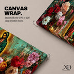 A long narrow panoramic painting shows Virgen de Guadalupe centered in prayer within a radiant halo, surrounded by richly detailed blooming flowers, with textured abstract layers and deep earthy tones blending with vibrant florals to create depth, contrast, and a luminous devotional focal point in an expressive style.