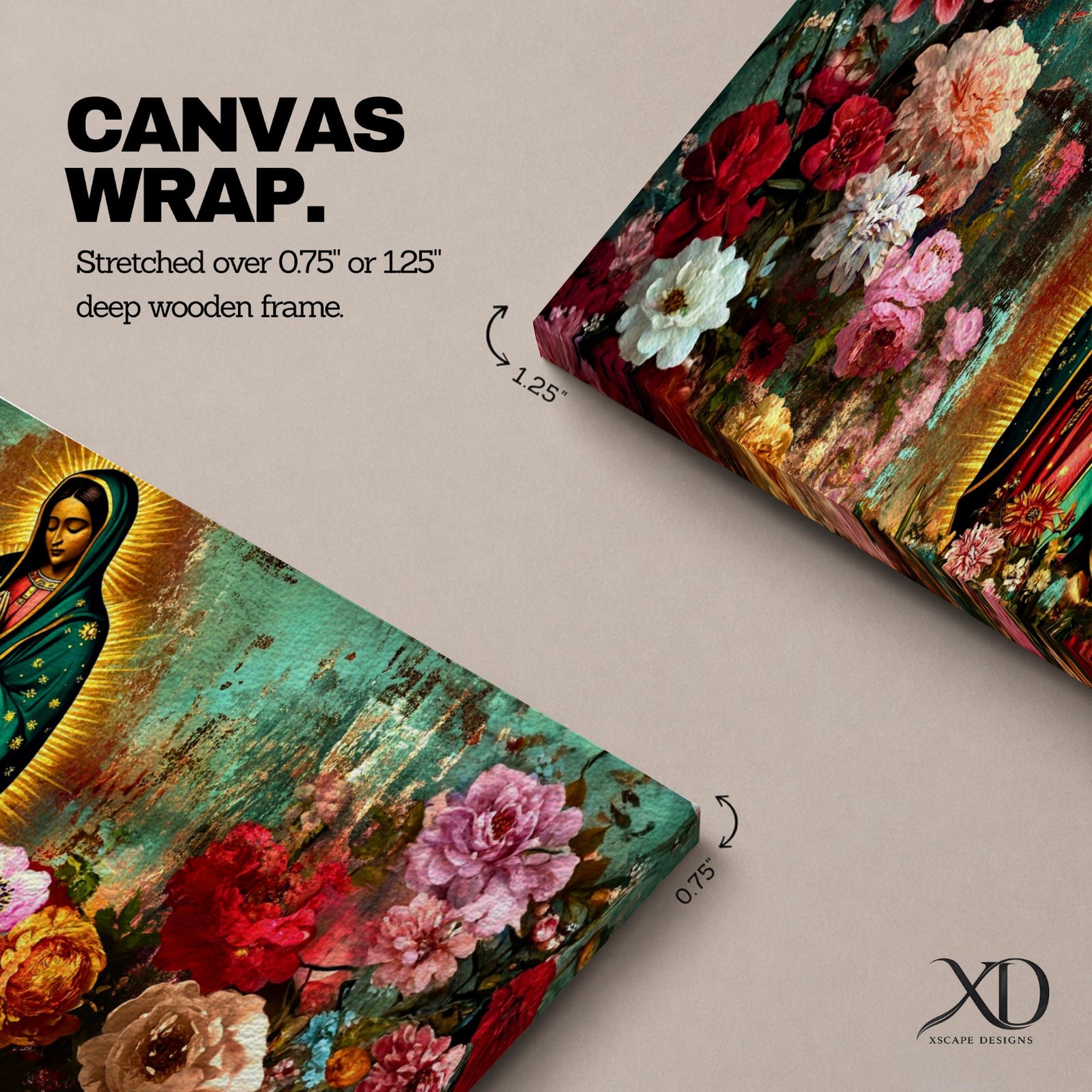 A long narrow panoramic painting shows Virgen de Guadalupe centered in prayer within a radiant halo, surrounded by richly detailed blooming flowers, with textured abstract layers and deep earthy tones blending with vibrant florals to create depth, contrast, and a luminous devotional focal point in an expressive style.