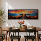 A long narrow panoramic painting depicts a wooden pier extending through tall grasses into calm ocean waters, leading toward a glowing sunset on the horizon, with bold textured brushstrokes and vivid color contrasts capturing reflections of warm light across the water and sky in an expressive contemporary style.