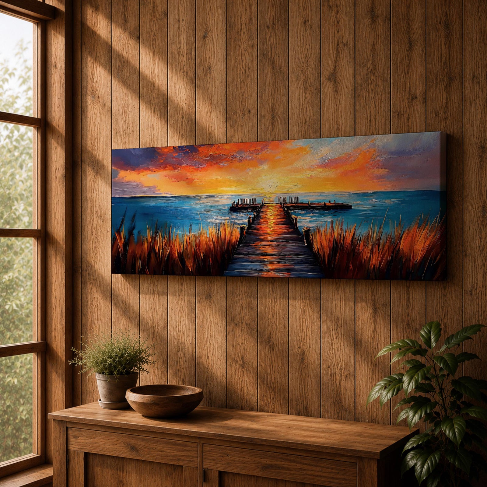 A long narrow panoramic painting depicts a wooden pier extending through tall grasses into calm ocean waters, leading toward a glowing sunset on the horizon, with bold textured brushstrokes and vivid color contrasts capturing reflections of warm light across the water and sky in an expressive contemporary style.