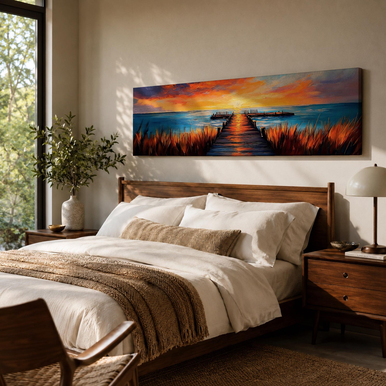 A long narrow panoramic painting depicts a wooden pier extending through tall grasses into calm ocean waters, leading toward a glowing sunset on the horizon, with bold textured brushstrokes and vivid color contrasts capturing reflections of warm light across the water and sky in an expressive contemporary style.