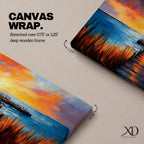 A long narrow panoramic painting depicts a wooden pier extending through tall grasses into calm ocean waters, leading toward a glowing sunset on the horizon, with bold textured brushstrokes and vivid color contrasts capturing reflections of warm light across the water and sky in an expressive contemporary style.