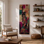 A tall narrow artwork of the Statue of Liberty holding a torch and tablet, rendered in bold stylized colors with layered collage textures of vintage newspaper clippings, featuring vibrant teal, magenta, and gold tones with graphic outlines in a modern pop art inspired cityscape style.