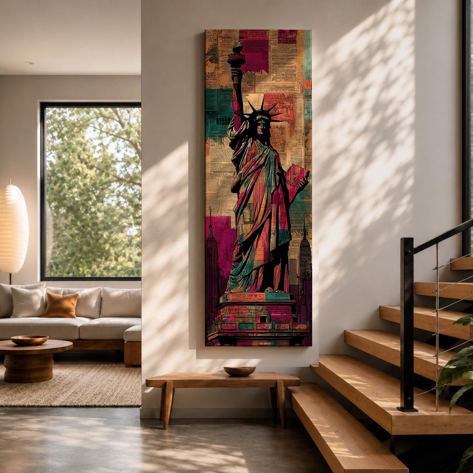 A tall narrow artwork of the Statue of Liberty holding a torch and tablet, rendered in bold stylized colors with layered collage textures of vintage newspaper clippings, featuring vibrant teal, magenta, and gold tones with graphic outlines in a modern pop art inspired cityscape style.