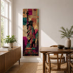 A tall narrow artwork of the Statue of Liberty holding a torch and tablet, rendered in bold stylized colors with layered collage textures of vintage newspaper clippings, featuring vibrant teal, magenta, and gold tones with graphic outlines in a modern pop art inspired cityscape style.