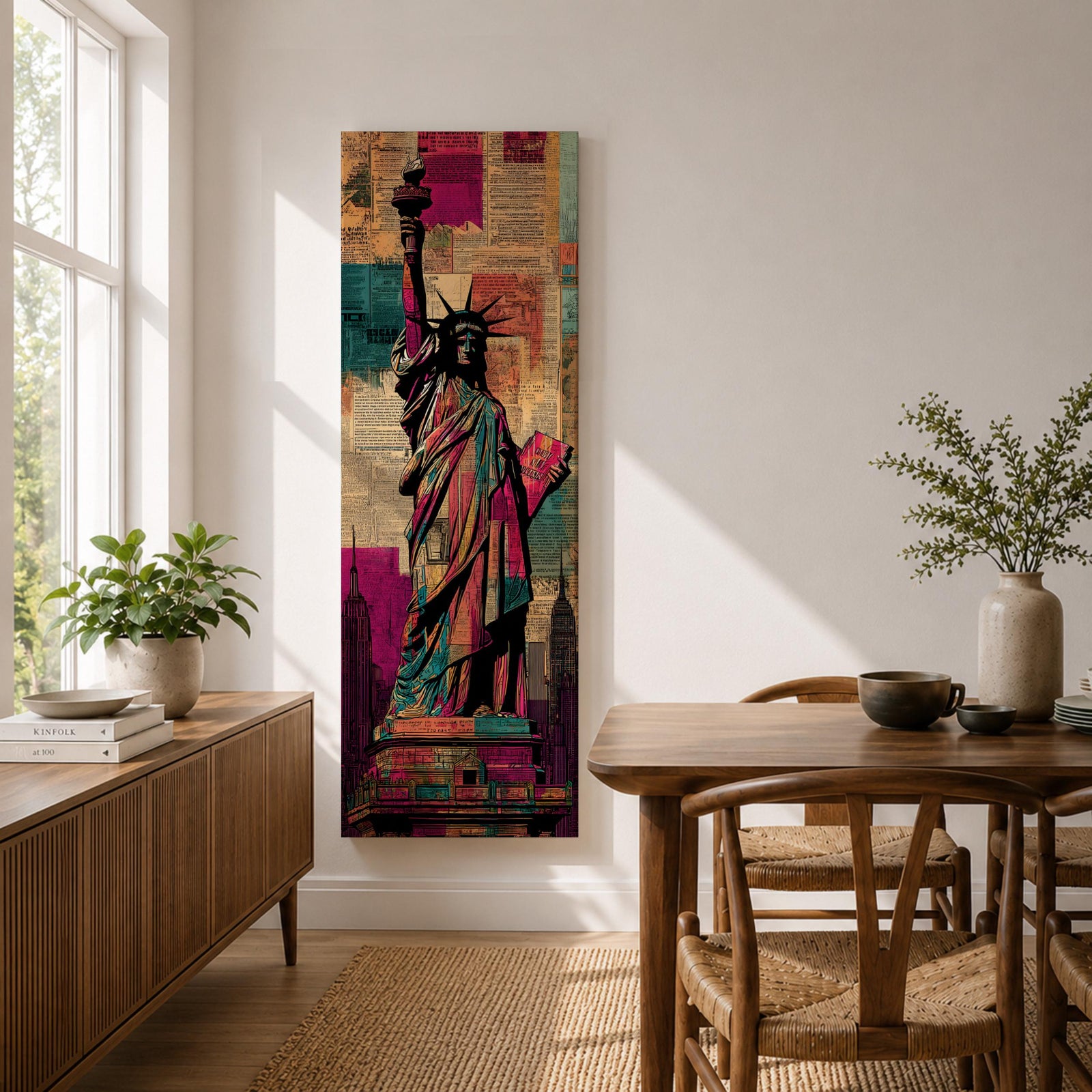 A tall narrow artwork of the Statue of Liberty holding a torch and tablet, rendered in bold stylized colors with layered collage textures of vintage newspaper clippings, featuring vibrant teal, magenta, and gold tones with graphic outlines in a modern pop art inspired cityscape style.