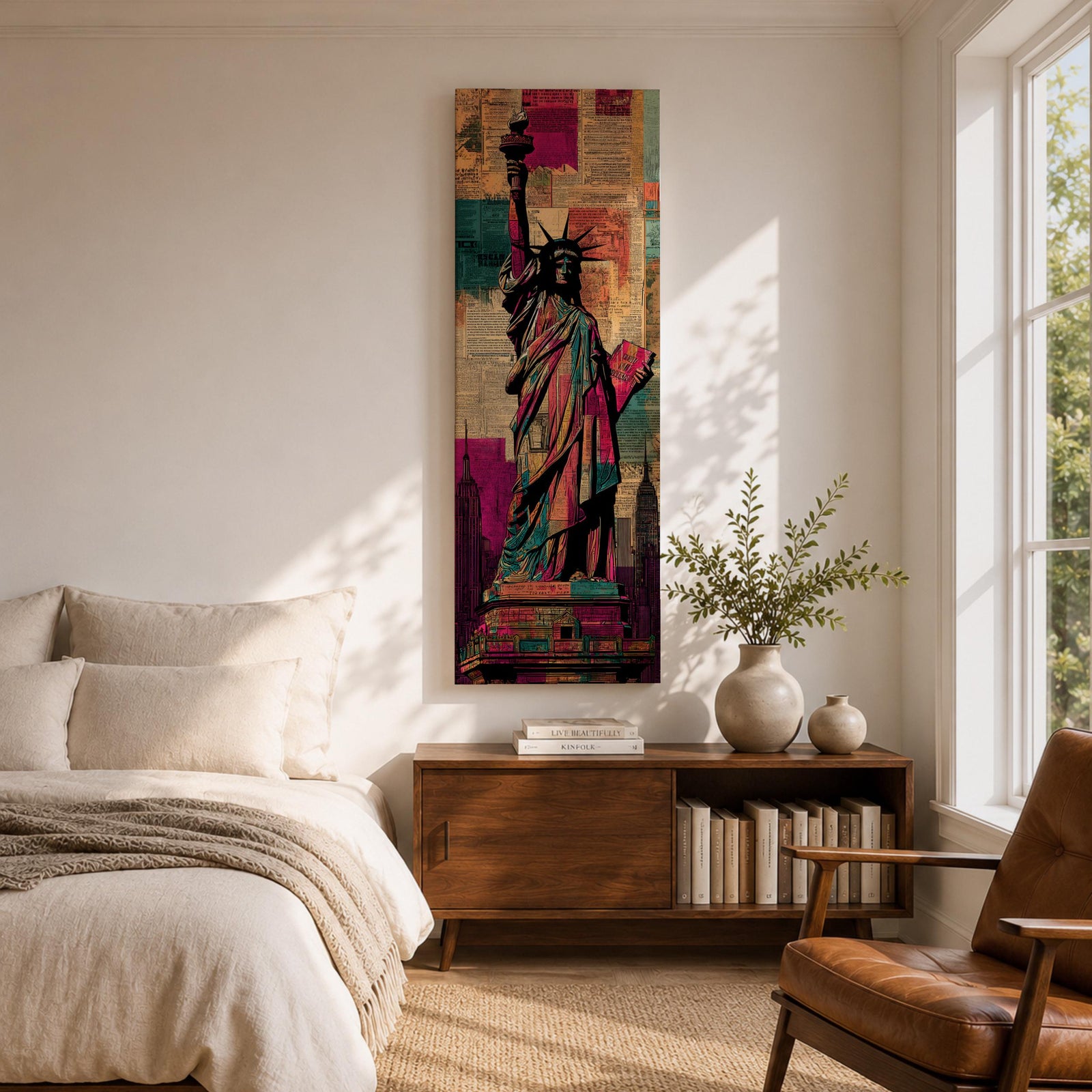 A tall narrow artwork of the Statue of Liberty holding a torch and tablet, rendered in bold stylized colors with layered collage textures of vintage newspaper clippings, featuring vibrant teal, magenta, and gold tones with graphic outlines in a modern pop art inspired cityscape style.
