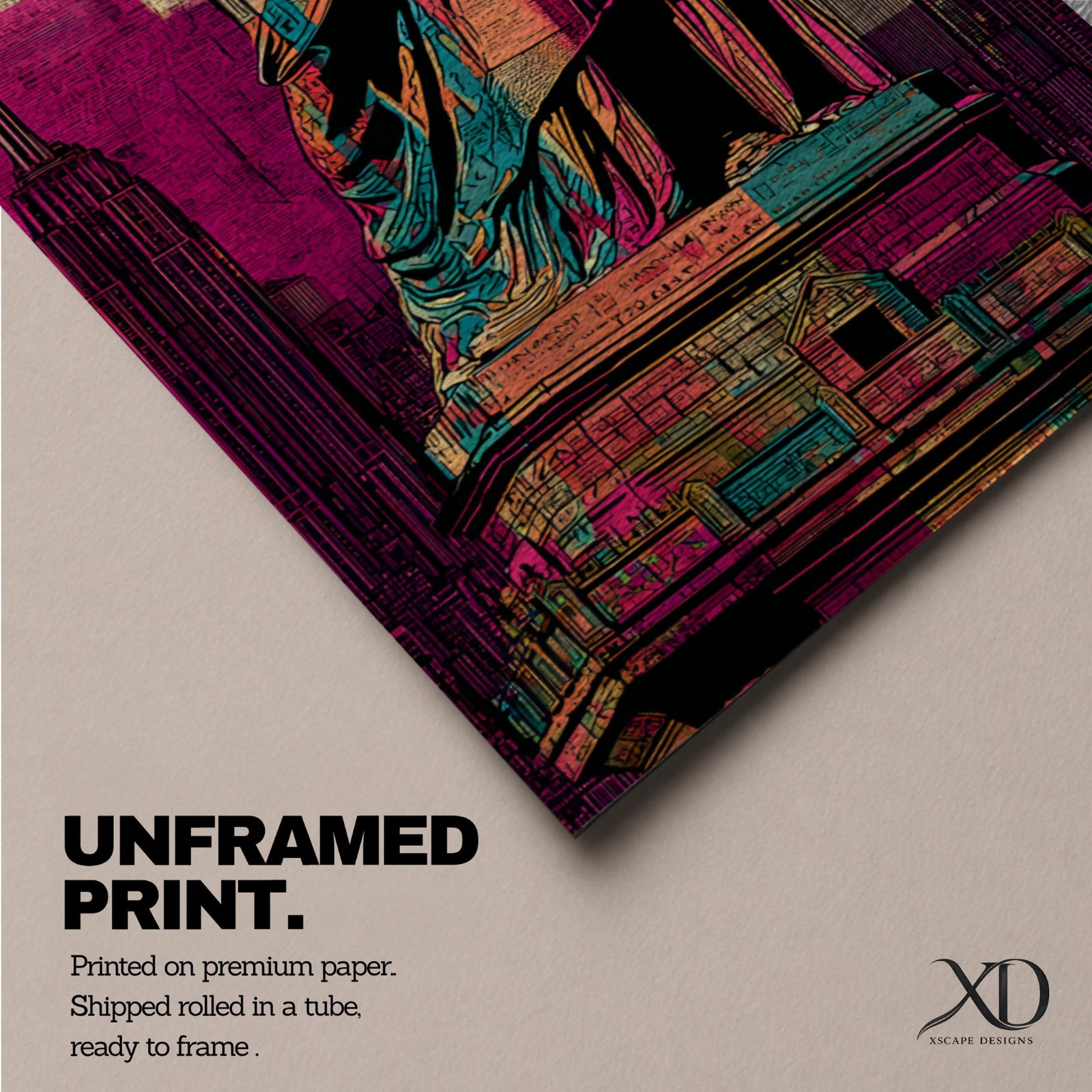 A tall narrow artwork of the Statue of Liberty holding a torch and tablet, rendered in bold stylized colors with layered collage textures of vintage newspaper clippings, featuring vibrant teal, magenta, and gold tones with graphic outlines in a modern pop art inspired cityscape style.