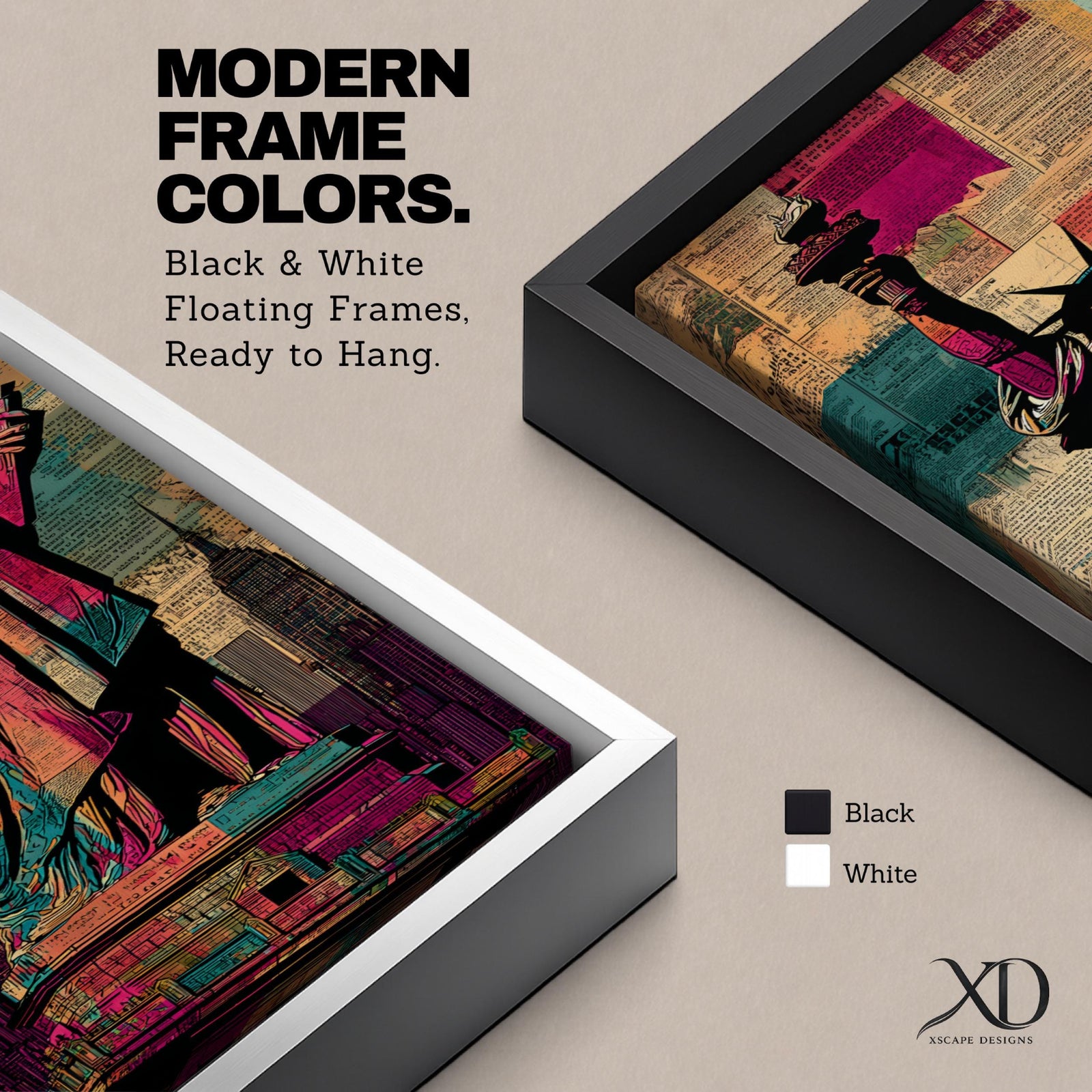 A tall narrow artwork of the Statue of Liberty holding a torch and tablet, rendered in bold stylized colors with layered collage textures of vintage newspaper clippings, featuring vibrant teal, magenta, and gold tones with graphic outlines in a modern pop art inspired cityscape style.