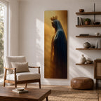 A tall narrow artwork of Our Lady of Fatima in profile wearing a delicate crown and deep blue mantle, softly illuminated against a warm golden background, with gentle shading and smooth light transitions creating a calm devotional composition in a classical religious style.
