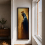 A tall narrow artwork of Our Lady of Fatima in profile wearing a delicate crown and deep blue mantle, softly illuminated against a warm golden background, with gentle shading and smooth light transitions creating a calm devotional composition in a classical religious style.