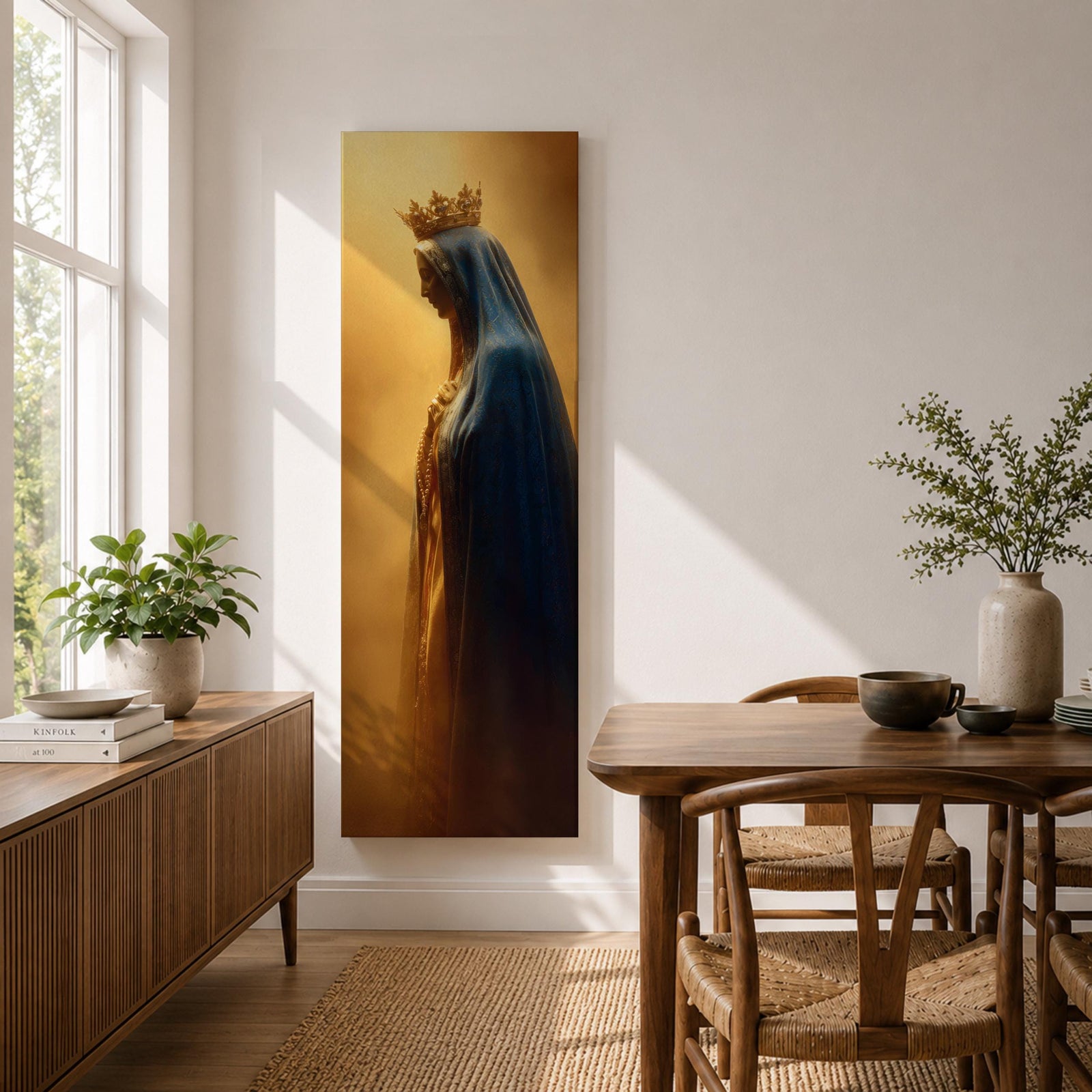 A tall narrow artwork of Our Lady of Fatima in profile wearing a delicate crown and deep blue mantle, softly illuminated against a warm golden background, with gentle shading and smooth light transitions creating a calm devotional composition in a classical religious style.