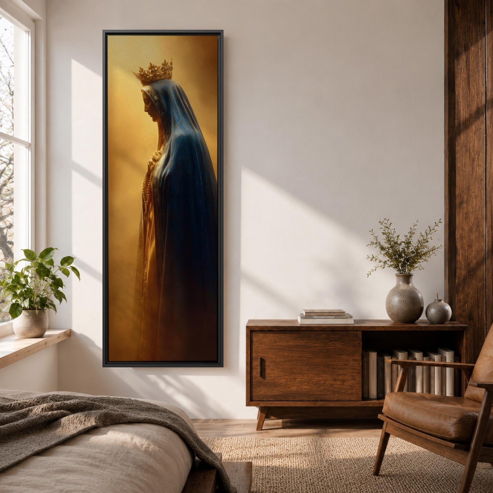 A tall narrow artwork of Our Lady of Fatima in profile wearing a delicate crown and deep blue mantle, softly illuminated against a warm golden background, with gentle shading and smooth light transitions creating a calm devotional composition in a classical religious style.