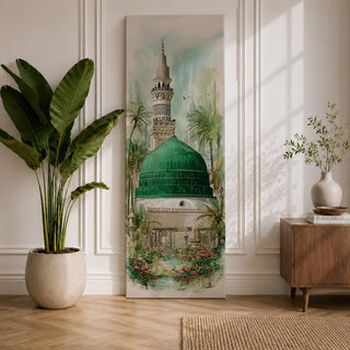 A tall narrow painting of Al Masjid an Nabawi featuring the iconic green dome and a slender minaret rising above detailed mosque architecture, surrounded by soft palm trees and floral garden elements, rendered in light airy tones with gentle brushwork in a serene architectural landscape style.