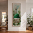 A tall narrow painting of Al Masjid an Nabawi featuring the iconic green dome and a slender minaret rising above detailed mosque architecture, surrounded by soft palm trees and floral garden elements, rendered in light airy tones with gentle brushwork in a serene architectural landscape style.