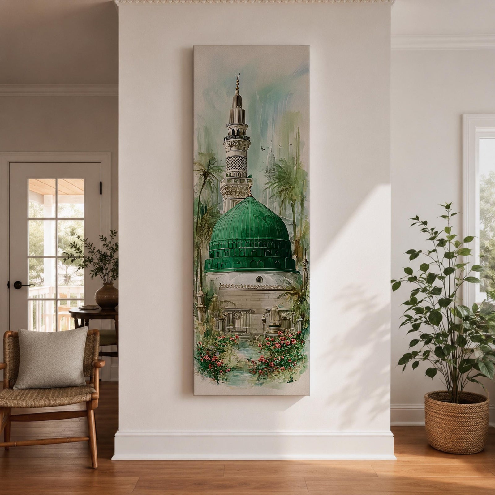 A tall narrow painting of Al Masjid an Nabawi featuring the iconic green dome and a slender minaret rising above detailed mosque architecture, surrounded by soft palm trees and floral garden elements, rendered in light airy tones with gentle brushwork in a serene architectural landscape style.