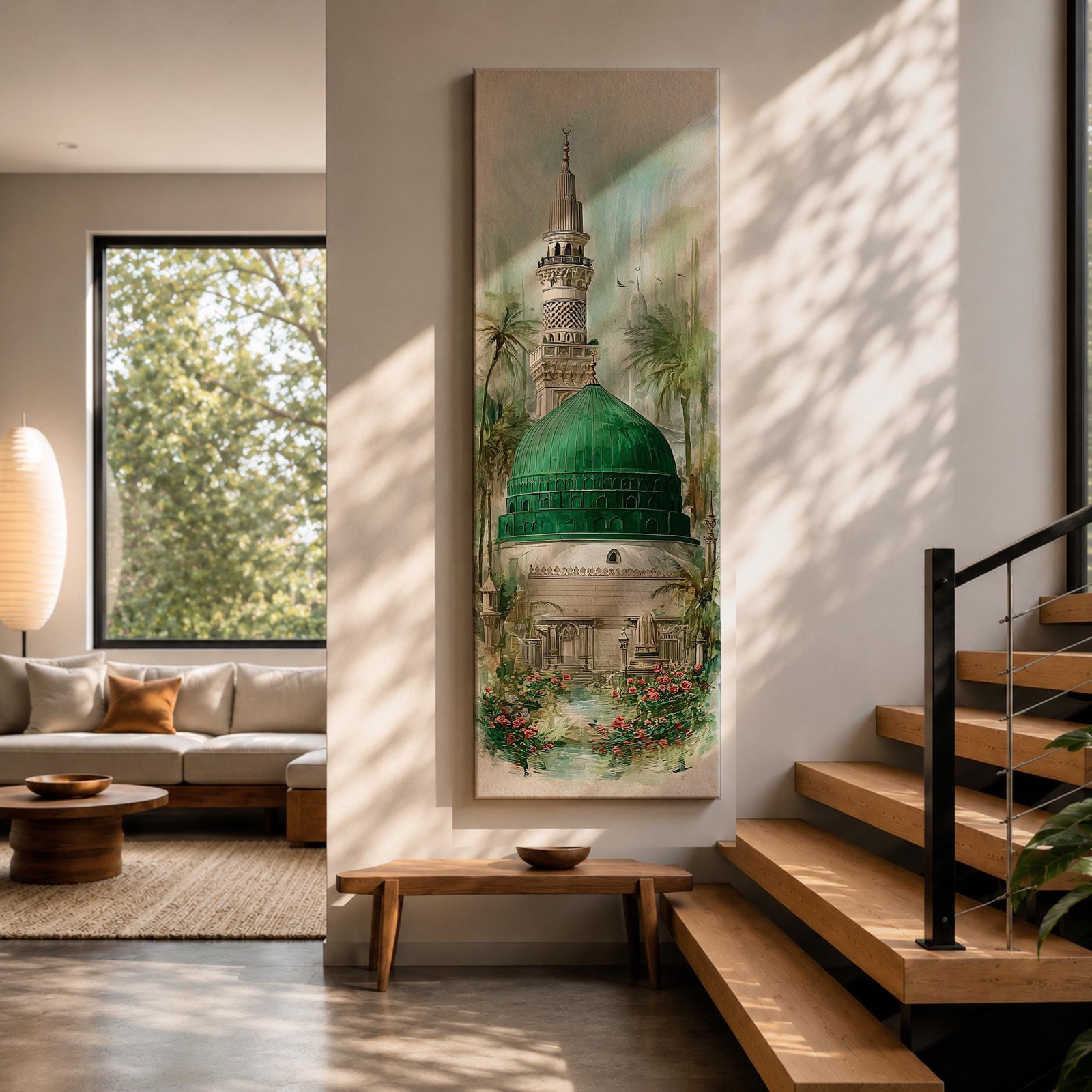 A tall narrow painting of Al Masjid an Nabawi featuring the iconic green dome and a slender minaret rising above detailed mosque architecture, surrounded by soft palm trees and floral garden elements, rendered in light airy tones with gentle brushwork in a serene architectural landscape style.