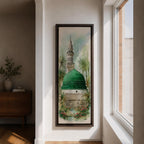 A tall narrow painting of Al Masjid an Nabawi featuring the iconic green dome and a slender minaret rising above detailed mosque architecture, surrounded by soft palm trees and floral garden elements, rendered in light airy tones with gentle brushwork in a serene architectural landscape style.