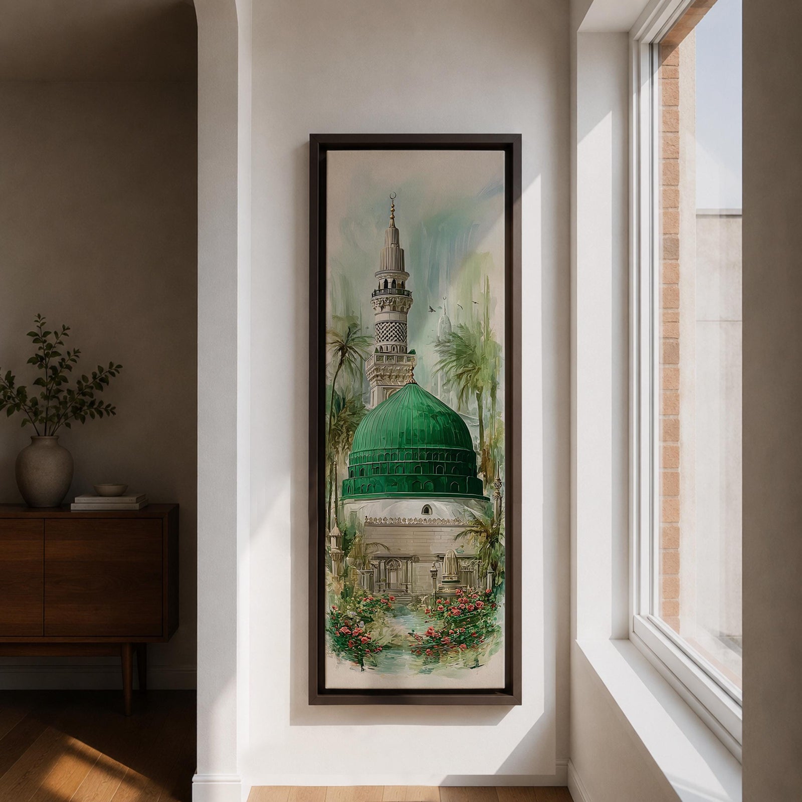A tall narrow painting of Al Masjid an Nabawi featuring the iconic green dome and a slender minaret rising above detailed mosque architecture, surrounded by soft palm trees and floral garden elements, rendered in light airy tones with gentle brushwork in a serene architectural landscape style.