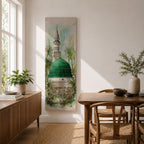 A tall narrow painting of Al Masjid an Nabawi featuring the iconic green dome and a slender minaret rising above detailed mosque architecture, surrounded by soft palm trees and floral garden elements, rendered in light airy tones with gentle brushwork in a serene architectural landscape style.