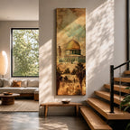 A tall narrow vertical artwork depicting Masjid Al Aqsa with its iconic golden dome rising above detailed stone architecture, set against a textured sky of soft turquoise and warm beige tones, with palm trees and historic walls below, rendered in a vintage inspired painterly style with distressed textures and balanced elongated composition.