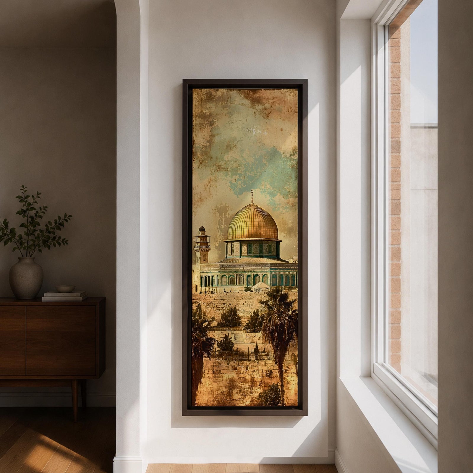 A tall narrow vertical artwork depicting Masjid Al Aqsa with its iconic golden dome rising above detailed stone architecture, set against a textured sky of soft turquoise and warm beige tones, with palm trees and historic walls below, rendered in a vintage inspired painterly style with distressed textures and balanced elongated composition.